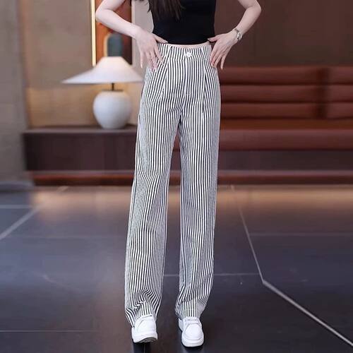春夏新款条纹裤子直筒阔腿裤女士