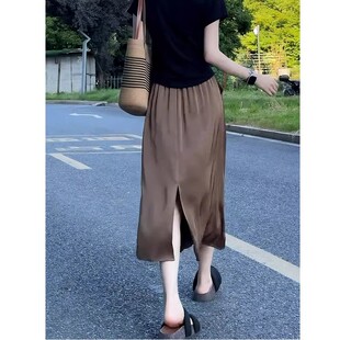 大码垂感时尚开叉A字裙女夏季薄款女装胖mm高腰显瘦松紧腰半身裙