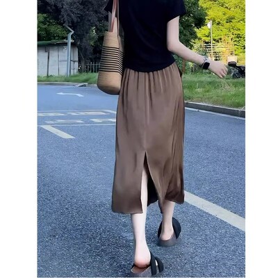 大码垂感时尚开叉A字裙女夏季薄款女装胖mm高腰显瘦松紧腰半身裙