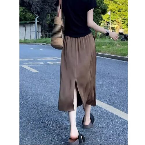 大码垂感时尚开叉A字裙女夏季薄款女装胖mm高腰显瘦松紧腰半身裙