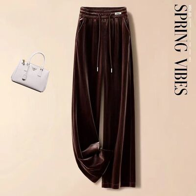 金丝绒阔腿裤子女拖地长裤