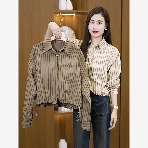 条纹短款衬衣高级感收腰洋气小衫
