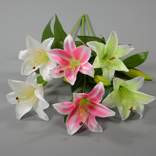 绢布3头百合单枝厂家供应 花篮插花酒店西餐厅装饰商场景观布置