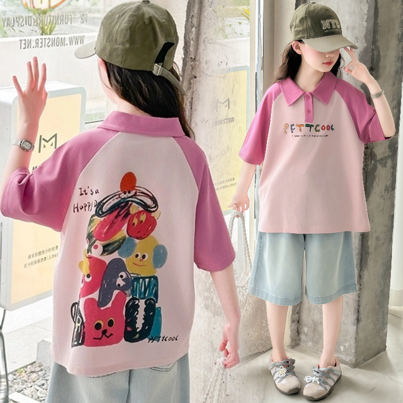 女童夏装polo衫短袖t恤套装洋气大童上衣牛仔短裤儿童休闲两件套