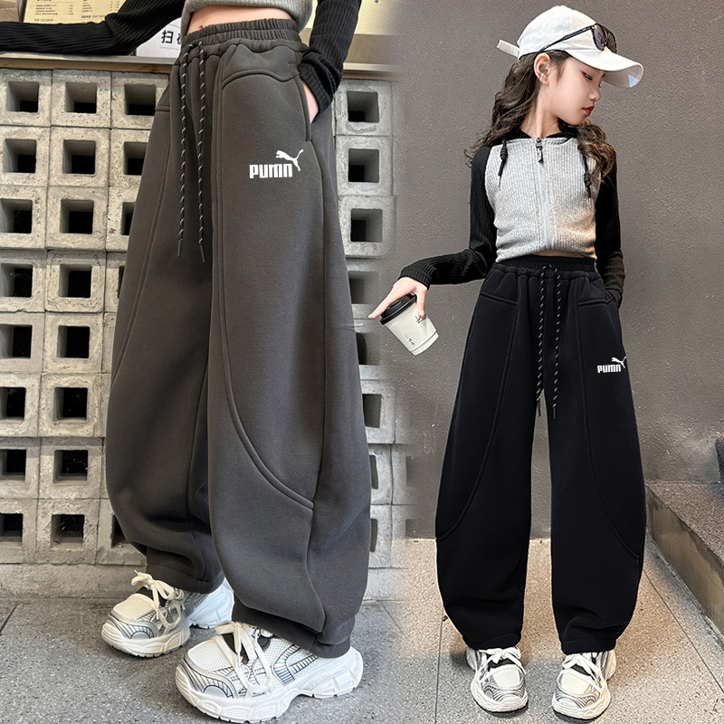 奥莱专柜女童加绒裤子秋冬装中大童宽松弯刀裤儿童卫裤加厚运动裤