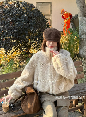 独品 韩系甜美减龄百搭时尚波浪花边毛绒小个子小个子短外套36510