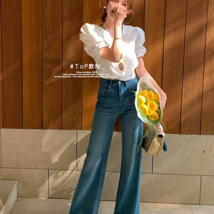 TOP 欧制韩系通勤高智女神裤莱塞尔四面弹小开叉筒喇牛仔裤3100兰