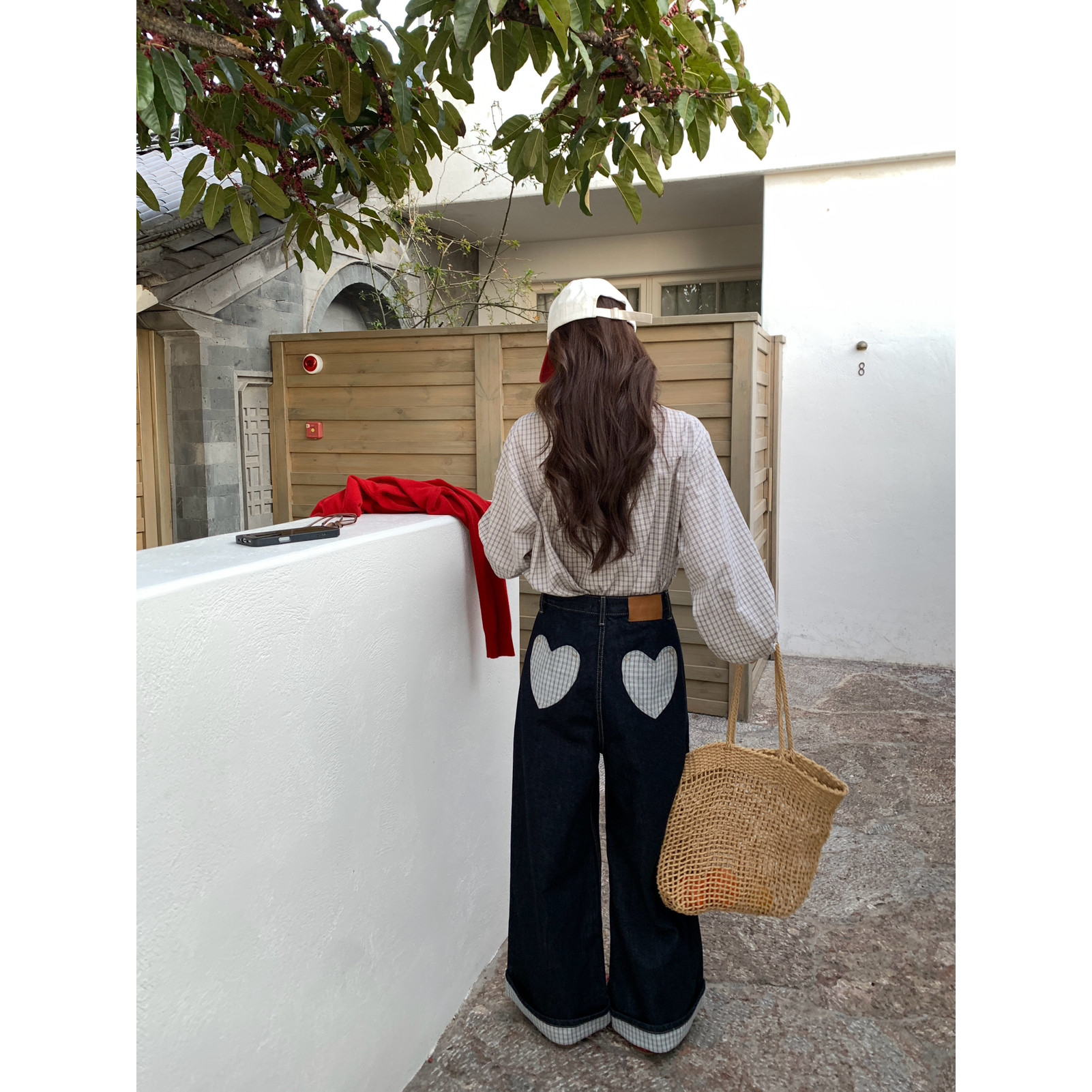 OMELET蛋卷-26年春款韩系复古百搭拼格子爱心口袋牛仔裤NK26079