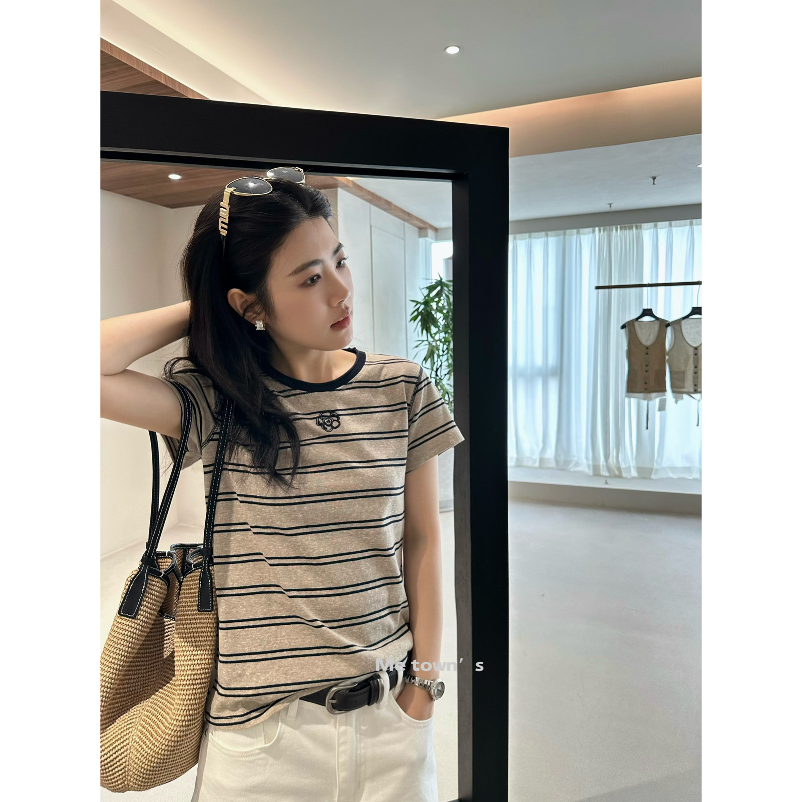 i-D sisters 韩系小版MIU系简约休闲经典条纹花朵短袖T恤8783