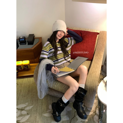 MZI STUDIO帧帧瞬间韩调条纹翻领假两件清纯百搭保暖毛衣A80300