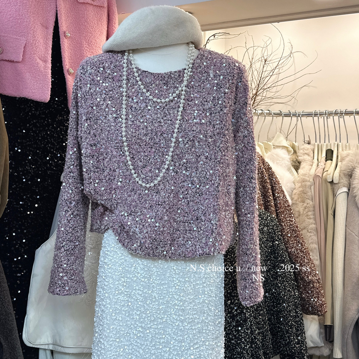 NS CHOICE U 韩系法式氛围感闪闪亮片圆领宽松喜庆气质小衫1156