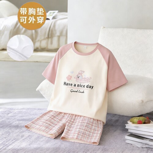 100%睡衣女夏带胸垫防凸点卡通
