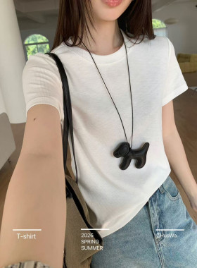 卓娃2026春夏新款韩版休闲简约圆领宽松纯色白色短袖T恤女22002