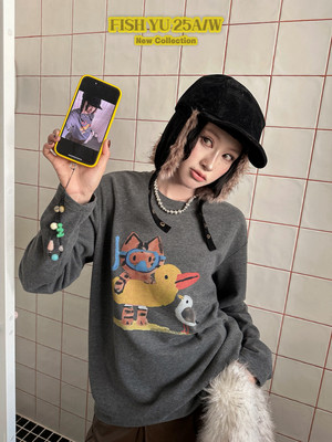 2025冬季新款卡通印花宽松休闲百搭加厚磨毛长袖T恤女上衣625728