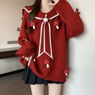 红色新年高级感穿搭针织衫毛衣女秋冬大码女装微胖mm宽松减龄上衣