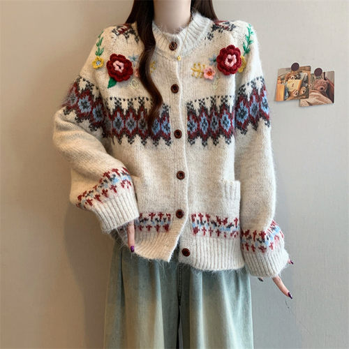 复古费尔岛花朵毛衣开衫女秋冬