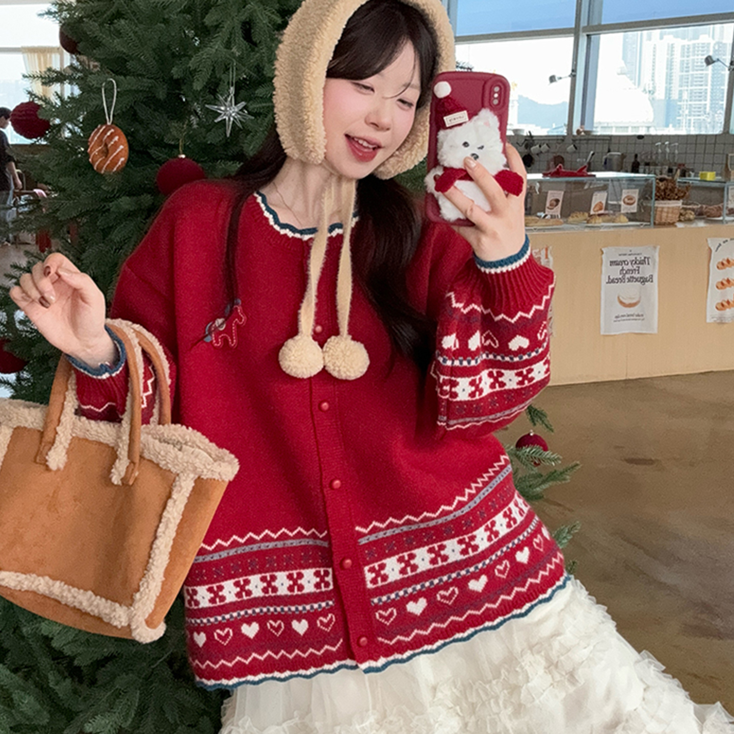 韩系费尔岛新年红色毛衣外套大码