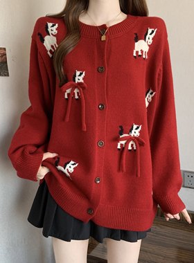 红色毛衣外套大码女装微胖mm宽松显瘦慵懒风针织开衫新款减龄新年