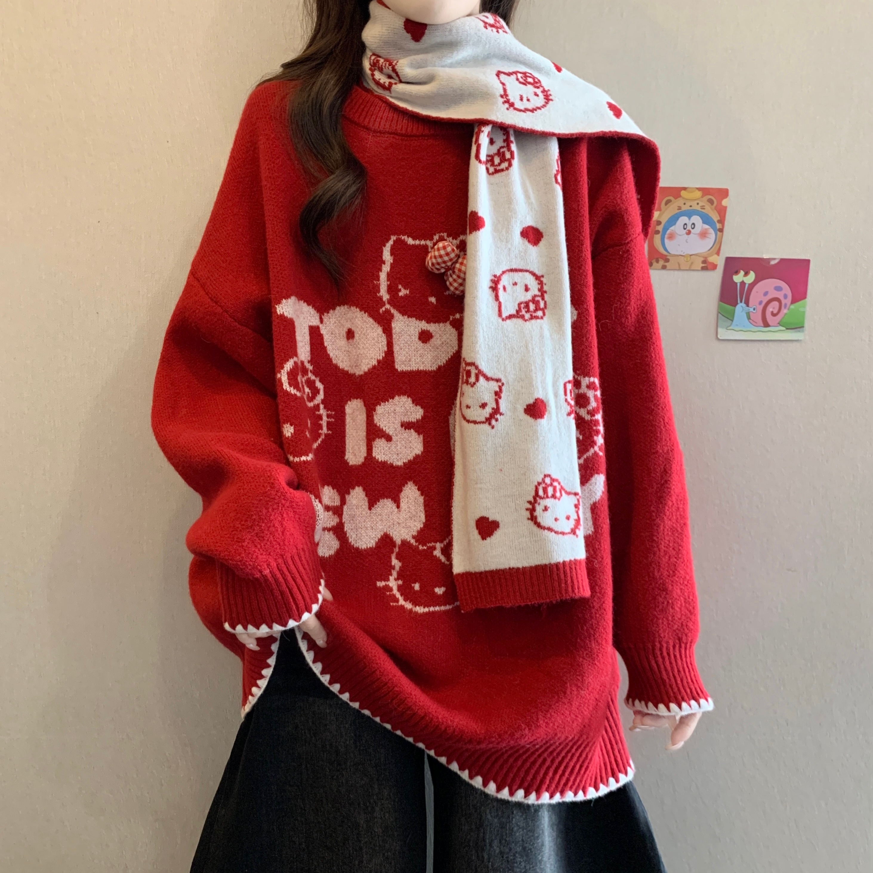 红色毛衣大码宽松针织衫上衣新年