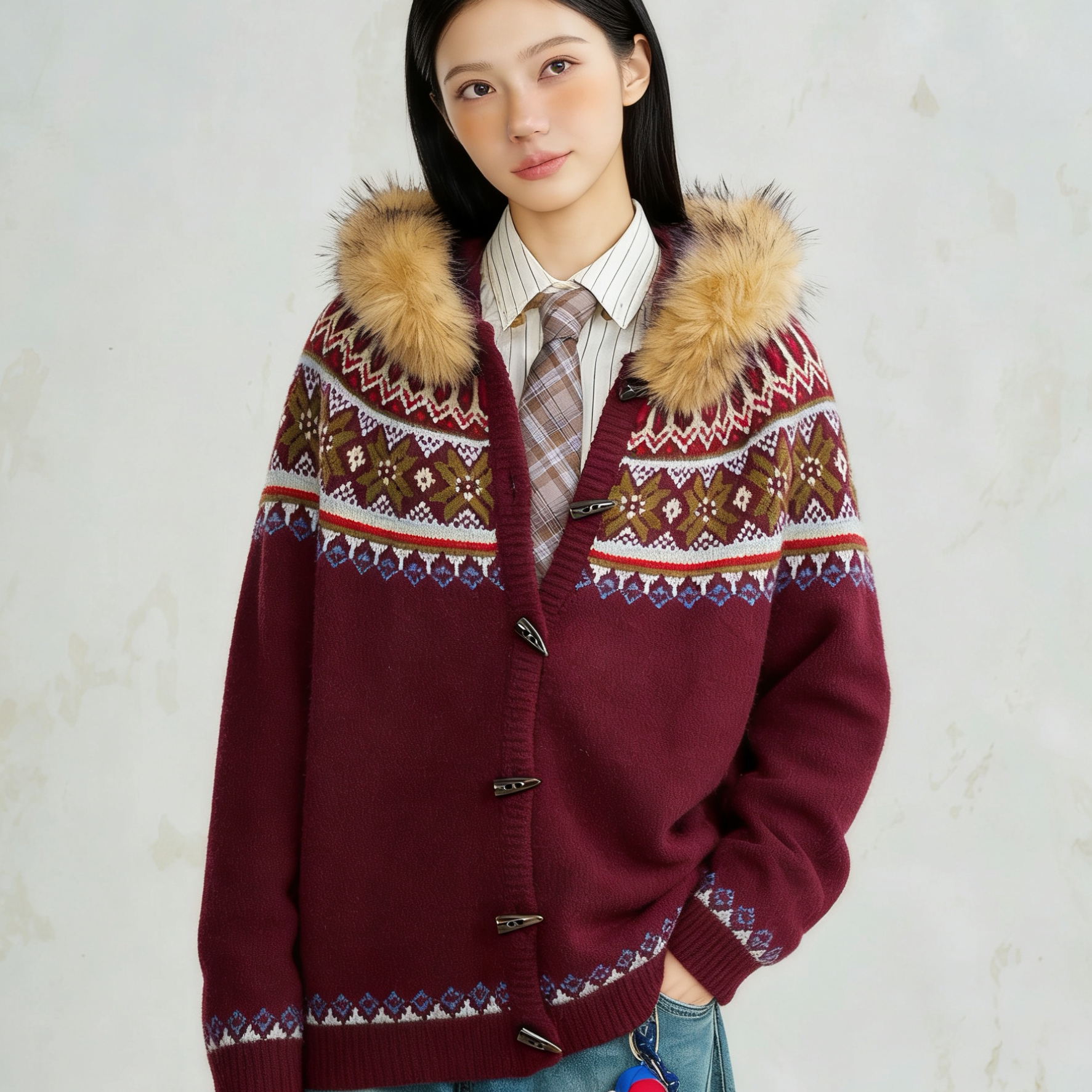 毛领费尔岛毛衣外套针织开衫大码女装微胖宽松显瘦洋气质减龄上衣