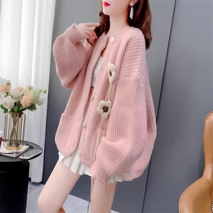 微胖宽松显瘦简约通勤百搭气质花朵上衣 女装 毛衣外套针织开衫 大码