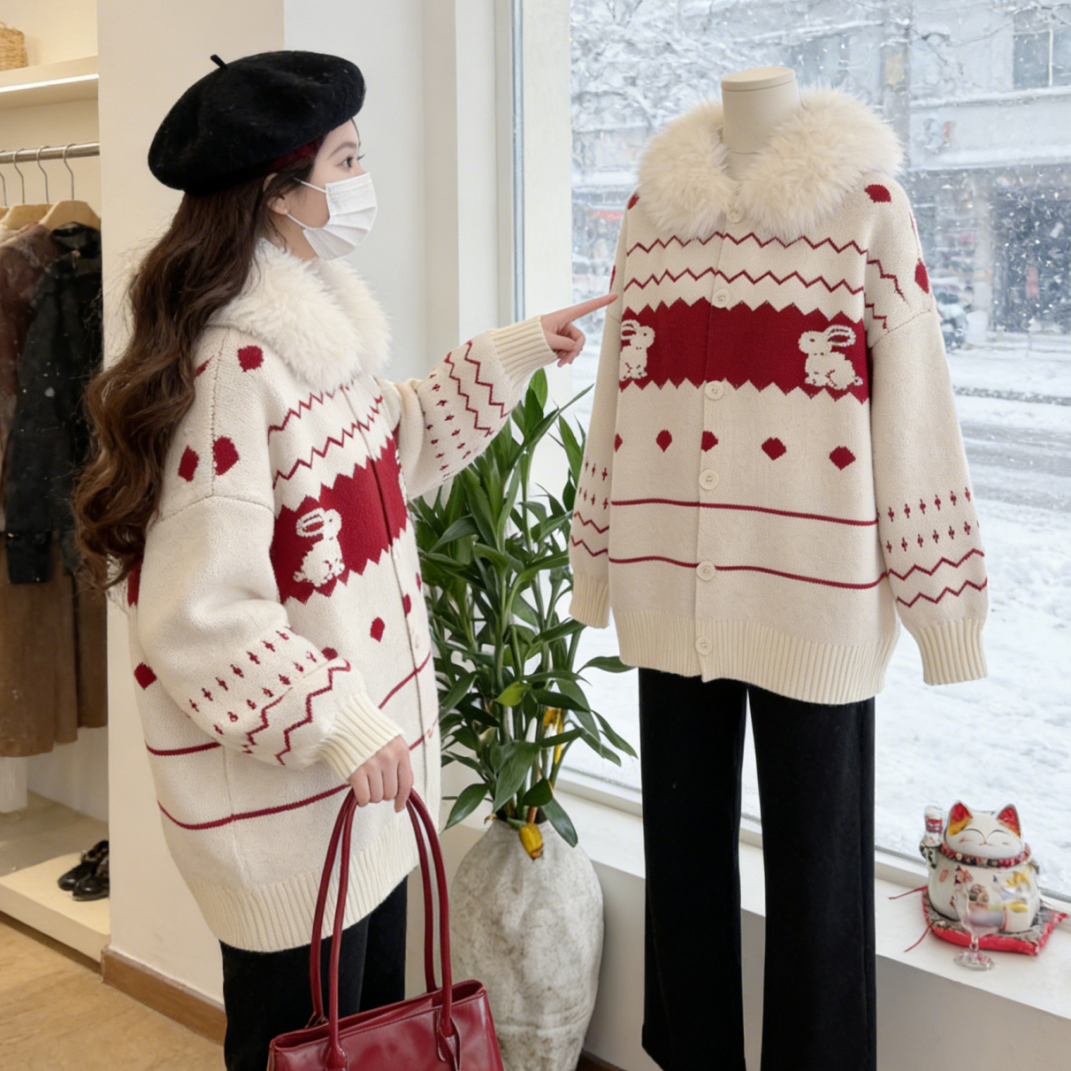 毛衣外套针织开衫大码女连帽毛领