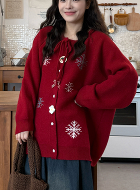 新年红色毛衣外套秋冬大码女装胖mm宽松慵懒甜美减龄设计针织开衫