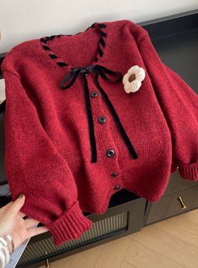 红色新年花朵毛衣外套女2026新款爆款春秋冬针织开衫减龄洋气上衣