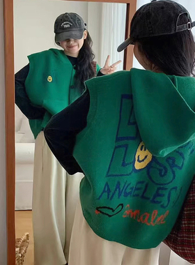 马夹针织无袖背心毛衣连帽卫衣大码女装胖mm韩系宽松慵懒马甲开衫