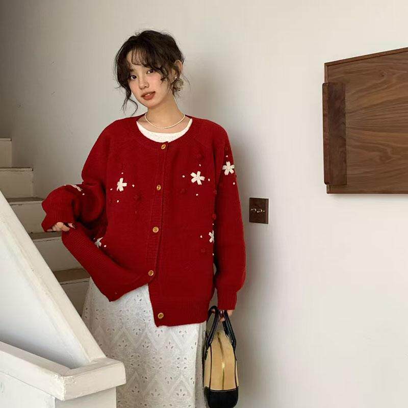 红色毛衣外套秋冬大码女装微胖mm宽松慵懒设计高级感针织开衫上衣,女装/女士精品,毛针织衫,淘宝优惠券,粉丝福利购,淘宝优惠卷