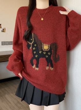 毛衣套头大码女装微胖mm宽松显瘦慵懒针织打底衫马年红色洋气上衣