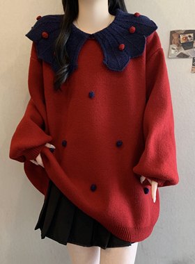 甜美可爱娃娃领红色毛衣宽松慵懒胖mm大码女装新款减龄针织衫上衣