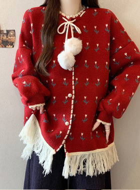 宽松慵懒风流苏红色针织开衫女秋冬大码女装胖mm减龄洋气毛衣外套