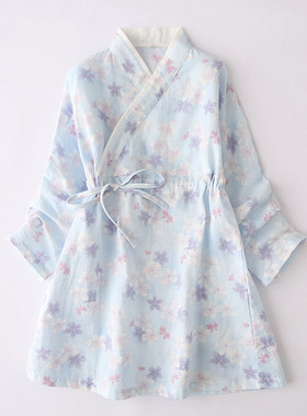 [纯棉双层纱布春夏季女童汉服儿童和服汗蒸服亲子系带短袖睡衣]