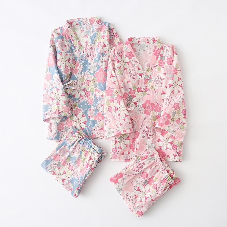 春秋日本纯棉纱布空调服儿童长袖和服睡衣套装亲子温泉汗蒸服樱花