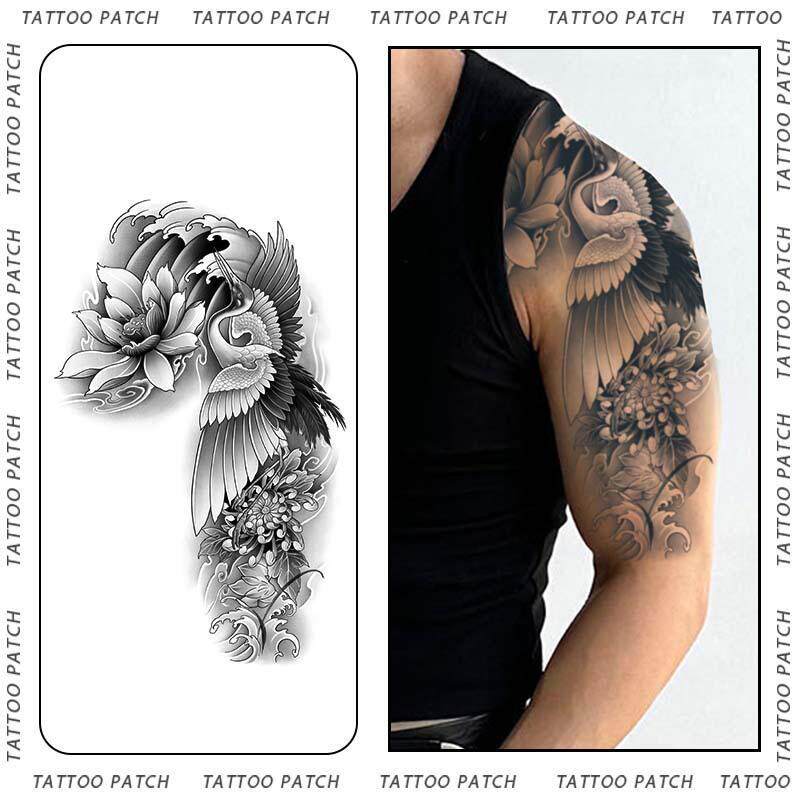 半甲纹身贴男防水持久女白鹤莲花传统花臂草本半永久大图仿真果汁