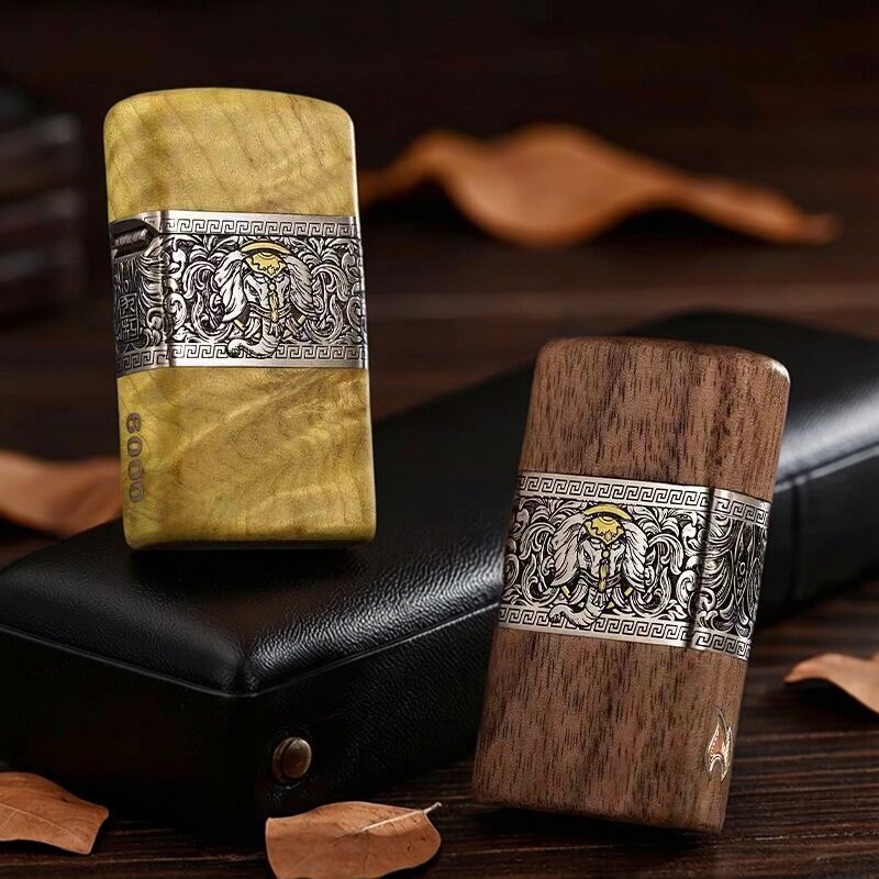 原装zippo打火机 错金如意吉象窄机檀木胡桃木 煤油防风男士礼物