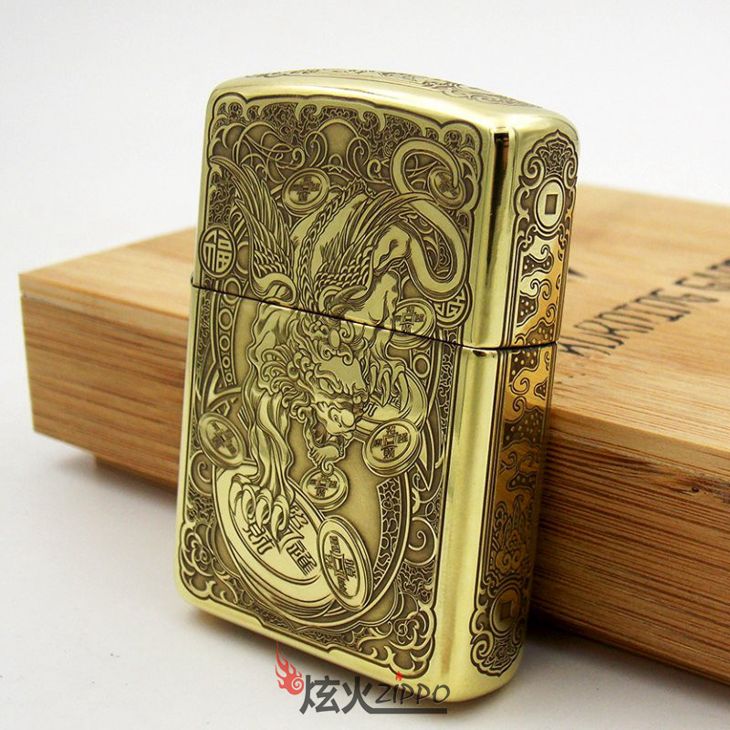 正品zippo打火机 纯铜盔甲吉祥招财貔貅 纯银精雕定制刻字正版