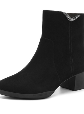 HA257905哈森正品2025冬季新款圆头女靴时尚水钻粗跟中跟百搭短靴