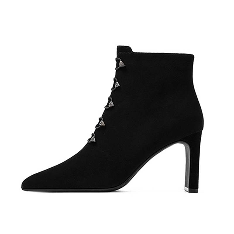 HA246013哈森正品2025冬季新款尖头女靴气质水钻粗跟时尚高跟短靴