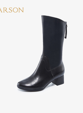 HA17907哈森正品2025冬季真皮中筒靴圆头中跟粗跟加绒百搭女靴