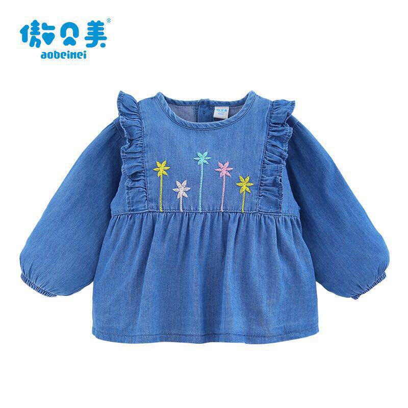 傲贝美宝宝纯棉薄牛仔防水罩衣反穿衣婴幼儿饭衣女童罩衫公主裙
