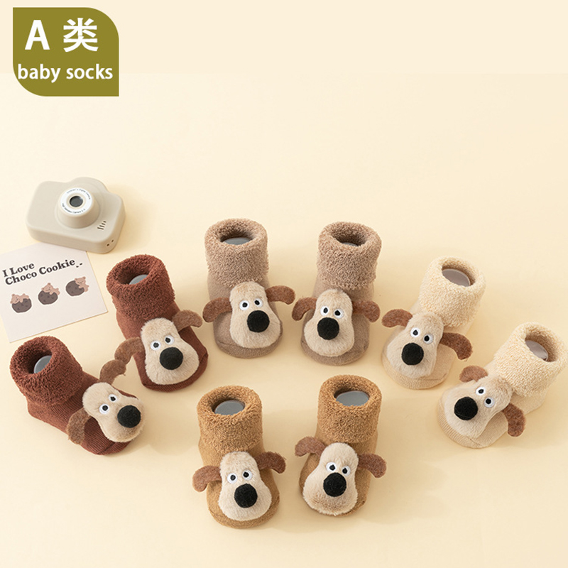 新生婴儿秋冬加绒加厚袜子男女宝宝冬季点胶防滑学步袜卡通地板袜
