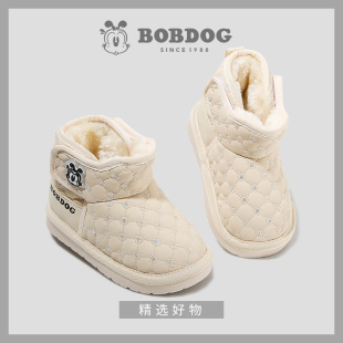 巴布豆小童雪地靴男女款婴童中帮加绒学步鞋二棉鞋宝宝皮面低帮靴