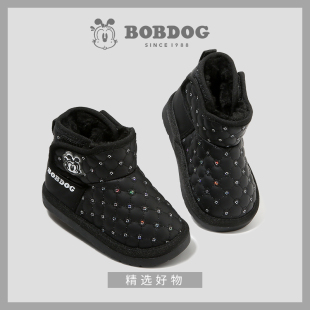 巴布豆婴童雪地靴男女款小童中帮学步鞋加绒二棉鞋宝宝栗色低帮靴