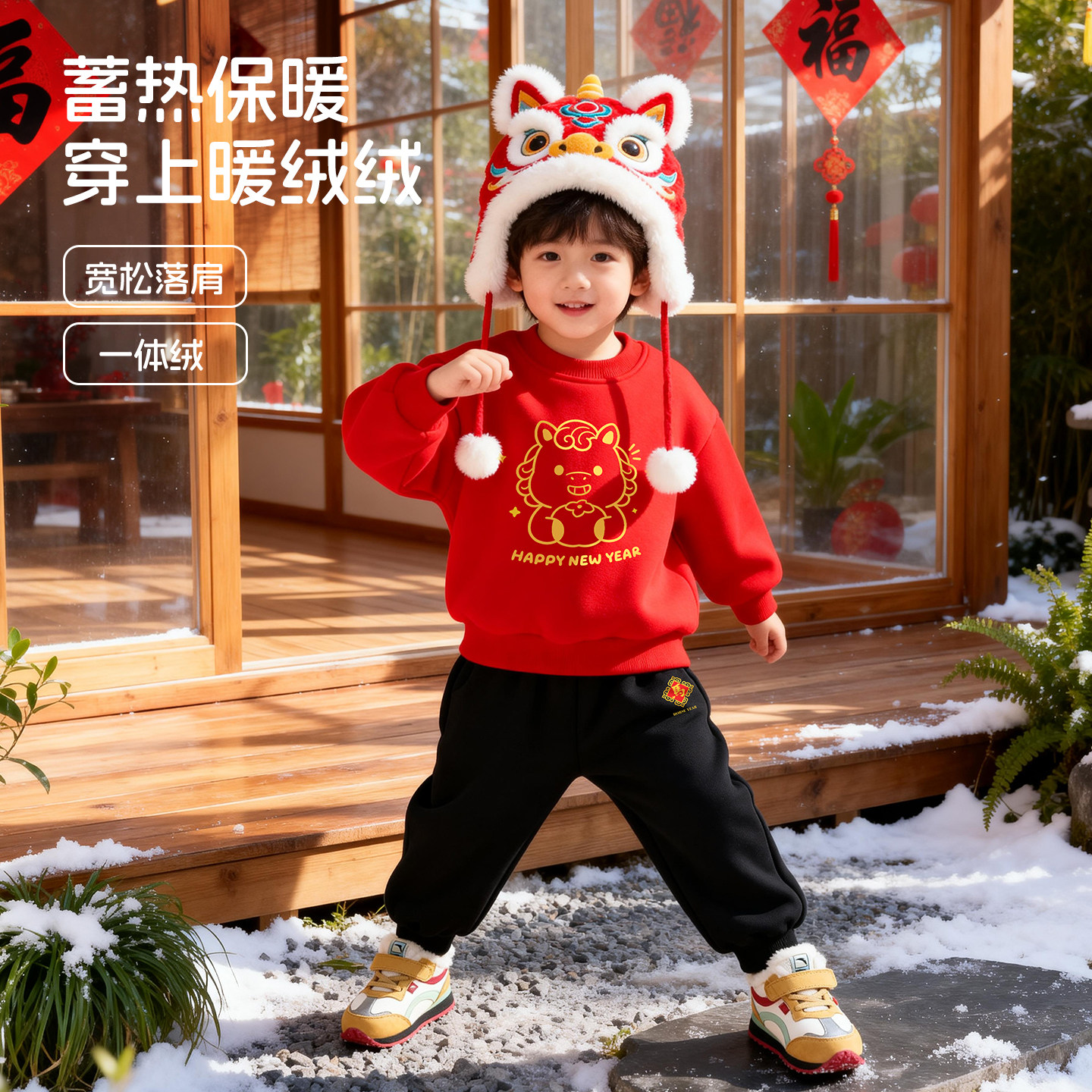 冬季中国风加绒儿童卫衣卫裤套装