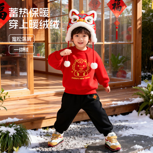 冬季中国风加绒儿童卫衣卫裤套装