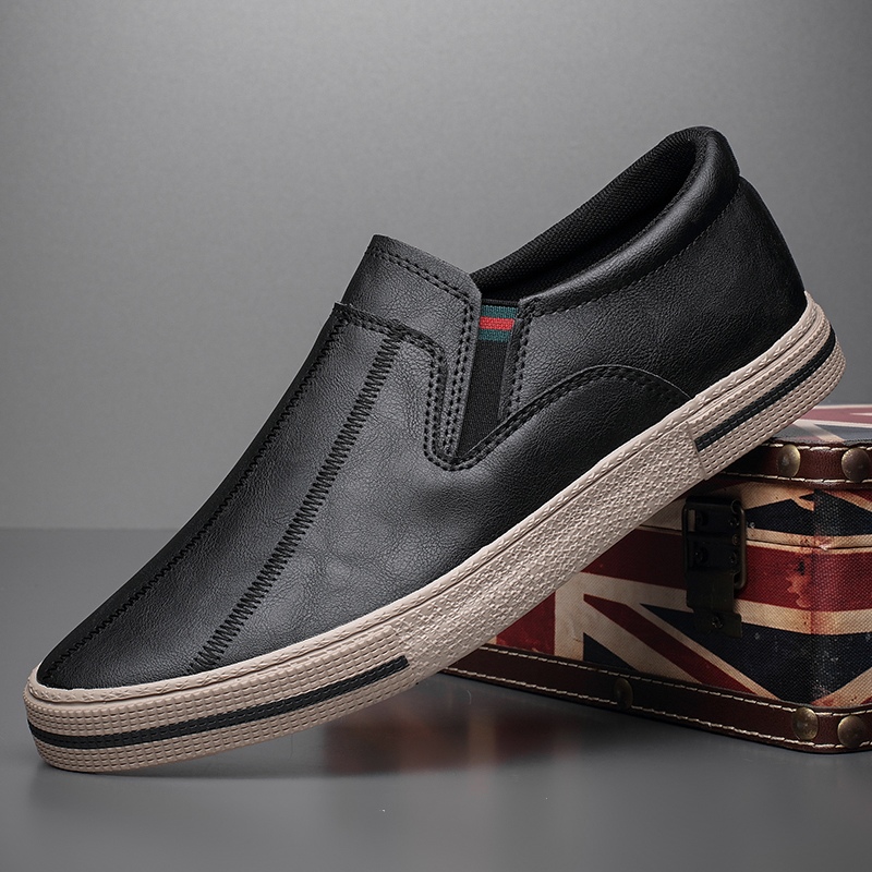 宝达春季新款休闲板鞋一脚蹬皮面男鞋青年潮流乐福鞋舒适驾车鞋子