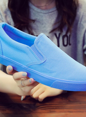 春秋蓝色韩版平底潮流休闲男鞋情侣帆布鞋男女鞋新款一脚蹬懒人鞋