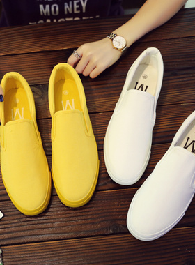 夏季黄色帆布鞋男鞋潮流一脚蹬懒人鞋韩版青年平底低帮透气休闲鞋